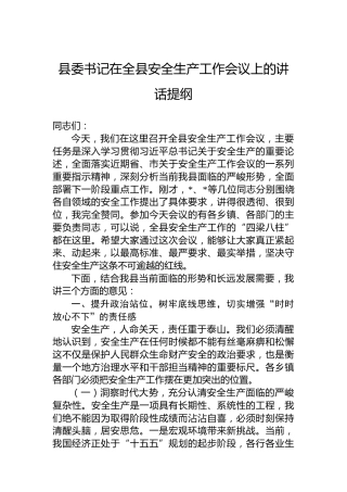 县委书记在全县安全生产工作会议上的讲话提纲