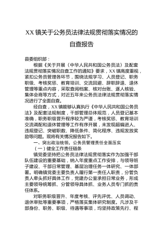 XX镇关于公务员法律法规贯彻落实情况的自查报告
