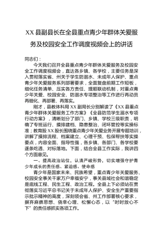 XX县副县长在全县重点青少年群体关爱服务及校园安全工作调度视频会上的讲话