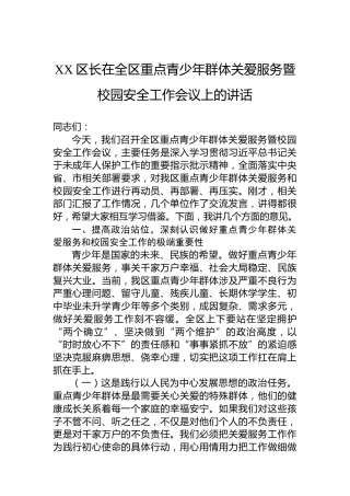 XX区长在全区重点青少年群体关爱服务暨校园安全工作会议上的讲话