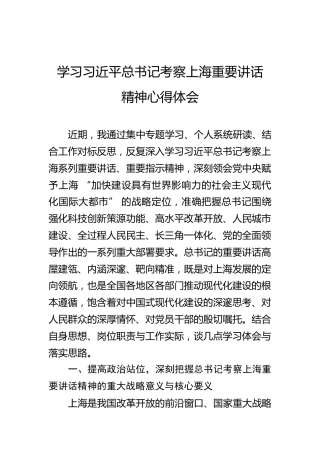 学习习近平总书记考察上海重要讲话精神心得体会