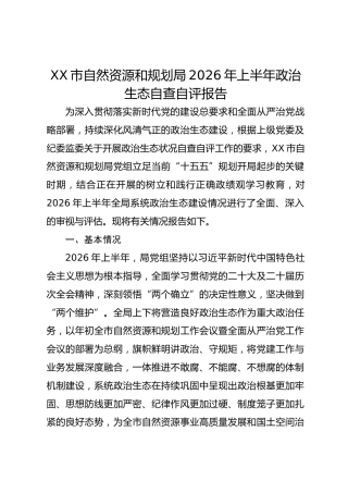 XX 市自然资源和规划局 2026 年上半年政治生态自查自评报告