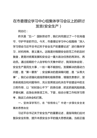 在市委理论学习中心组集体学习会议上的研讨发言(安全生产）