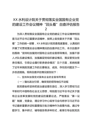 XX水利设计院关于贯彻落实全国国有企业党的建设工作会议精神“回头看”自查评估报告2