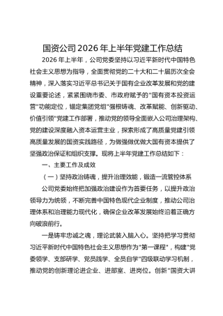 国资公司2026年上半年党建工作总结