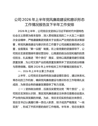 公司2026年上半年党风廉政建设和意识形态工作情况报告及下半年工作安排