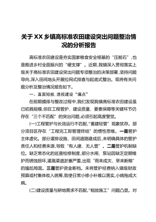 关于XX乡镇高标准农田建设突出问题整治情况的分析报告