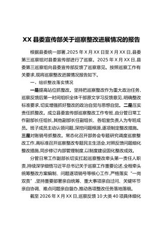 XX县委宣传部关于巡察整改进展情况的报告