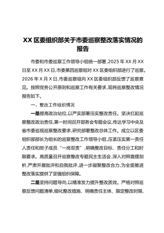 XX区委组织部关于市委巡察整改落实情况的报告