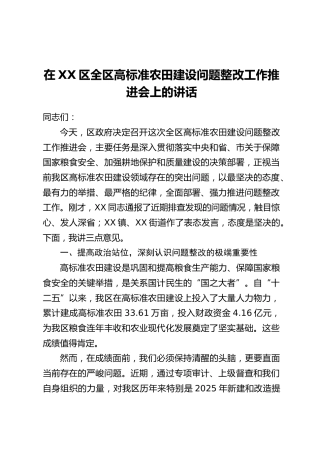 在XX区全区高标准农田建设问题整改工作推进会上的讲话