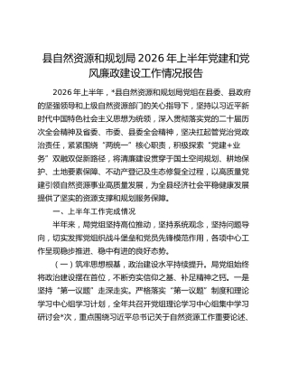 县自然资源和规划局2026年上半年党建和党风廉政建设工作情况报告
