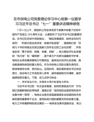 在市供电公司党委理论学习中心组第一议题学习习近平总书记“七一”重要讲话精神感悟