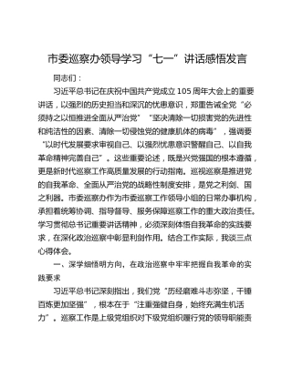 市委巡察办领导学习“七一”讲话感悟发言