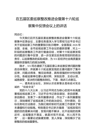 在五届区委巡察整改推进会暨第十六轮巡察集中反馈会议上的讲话