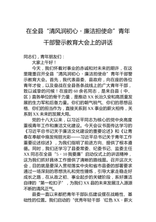 在全县“清风润初心・廉洁担使命”青年干部警示教育大会上的讲话