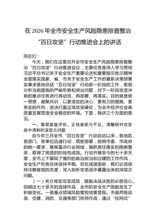 在2026年全市安全生产风险隐患排查整治“百日攻坚”行动推进会上的讲话
