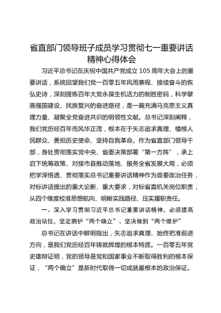 省直部门领导班子成员学习贯彻七一重要讲话精神心得体会