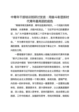 中青年干部培训班研讨发言：用奋斗彰显 新时代青年最亮丽的底色