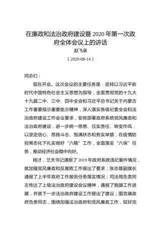 赵飞录：在廉政和法治政府建设暨2020年第一次政府全体会议上的讲话