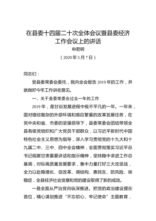 申君明：在县委十四届二十次全体会议暨县委经济工作会议上的讲话