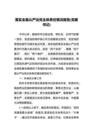 落实全面从严治党主体责任情况报告(党委书记)