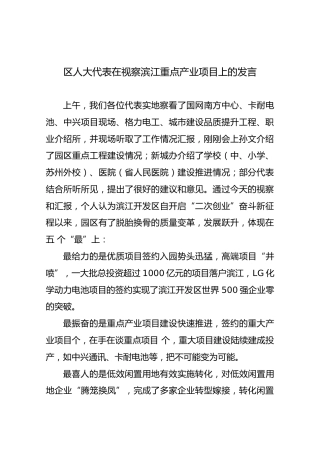 区人大代表在视察滨江重点产业项目上的发言