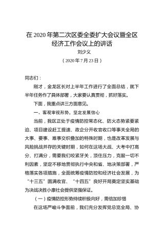 刘少义：在2020年第二次区委全委扩大会议暨全区经济工作会议上的讲话