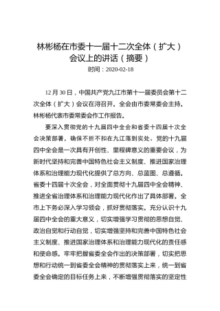 林彬杨在市委十一届十二次全体（扩大）会议上的讲话（摘要）