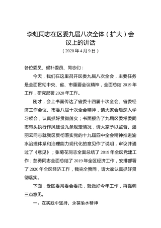 李虹同志在区委九届八次全体（扩大）会议上的讲话