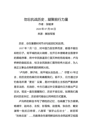 张毓津：勿忘抗战历史，凝聚前行力量