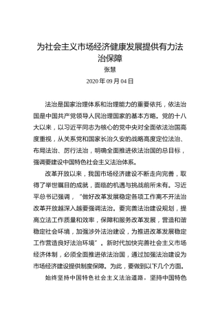 张慧：为社会主义市场经济健康发展提供有力法治保障