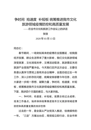 张弢：争时间抢速度补短板统筹推进我市文化旅游领域疫情防控和高质量发展——在全市文化和旅游工作会议上的讲话