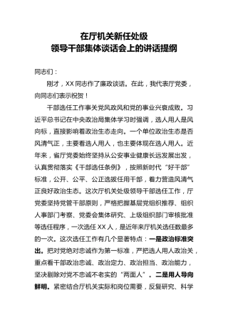 在厅机关新任处级领导干部集体谈话会上的讲话提纲