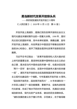 勇当新时代改革开放排头兵——热烈祝贺浦东开发开放三十周年