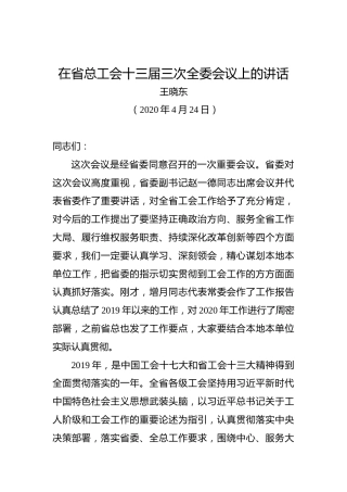 王晓东：在省总工会十三届三次全委会议上的讲话