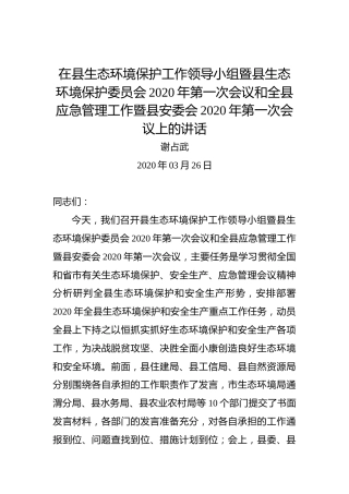 谢占武：在县生态环境保护工作领导小组暨县生态环境保护委员会2020年第一次会议和全县应急管理工作暨县安委会2020年第一次会议上的讲话