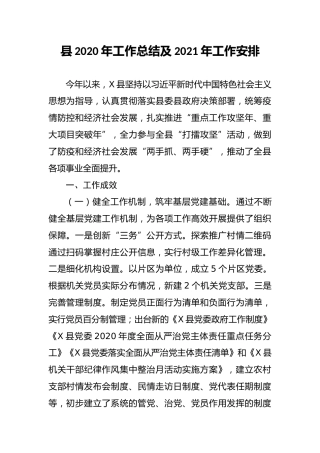 县2020年工作总结及2021年工作安排