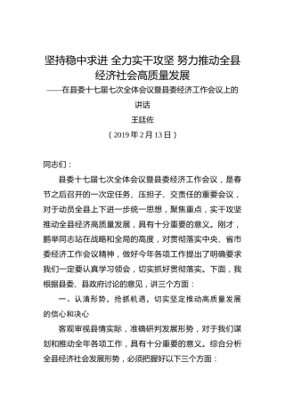 王廷佐：坚持稳中求进全力实干攻坚努力推动全县经济社会高质量发展——在县委十七届七次全体会议暨县委经济工作会议上的讲话