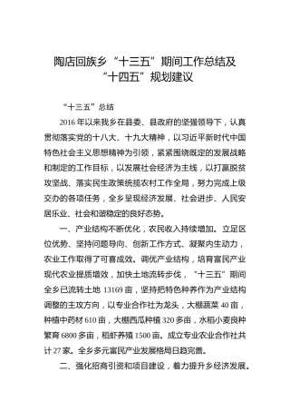 陶店回族乡“十三五”期间工作总结及“十四五”规划建议
