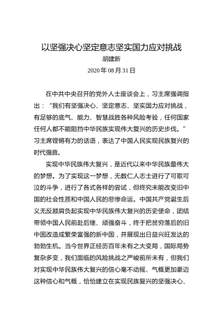 胡建新：以坚强决心坚定意志坚实国力应对挑战