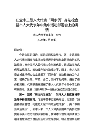 李伟：在全市三级人大代表“两条例”身边检查暨市人大代表年中集中活动部署会上的讲话