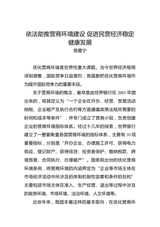 陈震宁：依法助推营商环境建设促进民营经济稳定健康发展