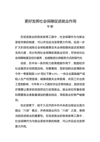 华颖：更好发挥社会保障促进就业作用