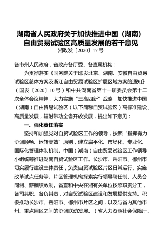 湖南省人民政府关于加快推进中国（湖南）自由贸易试验区高质量发展的若干意见