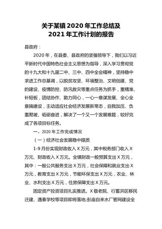 关于某镇2020年工作总结及2021年工作计划的报告
