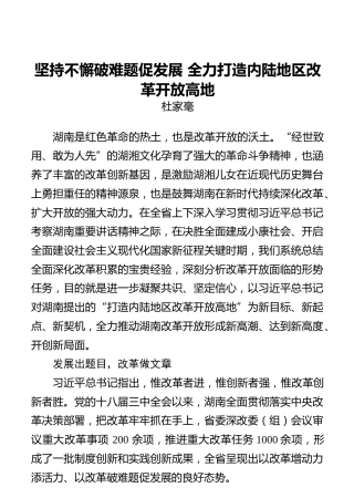 杜家毫：坚持不懈破难题促发展全力打造内陆地区改革开放高地