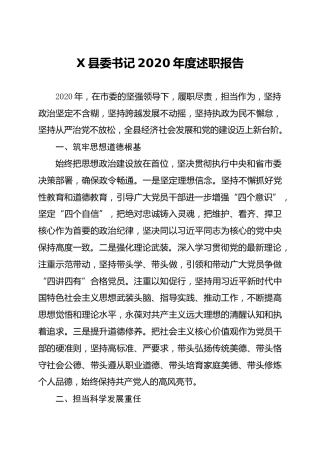 X县委书记2020年度述职报告