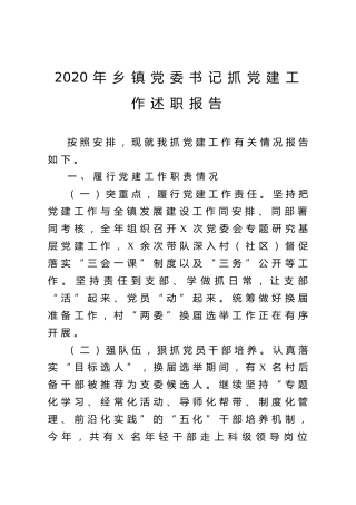 202X年乡镇党委书记抓党建工作述职报告