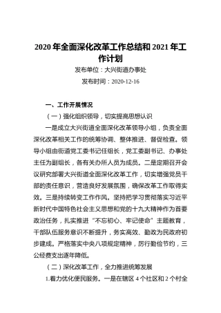 2020年全面深化改革工作总结和2021年工作计划