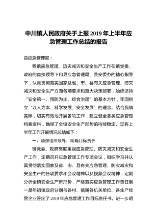 中川镇人民政府关于上报2019年上半年应急管理工作总结的报告